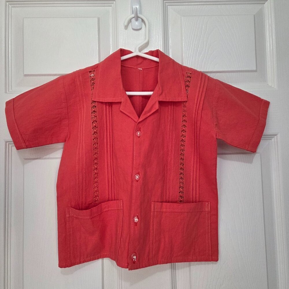 Handmade Boys Coral Salmon Embroidery Button down Size 6 Summer Spring Beach